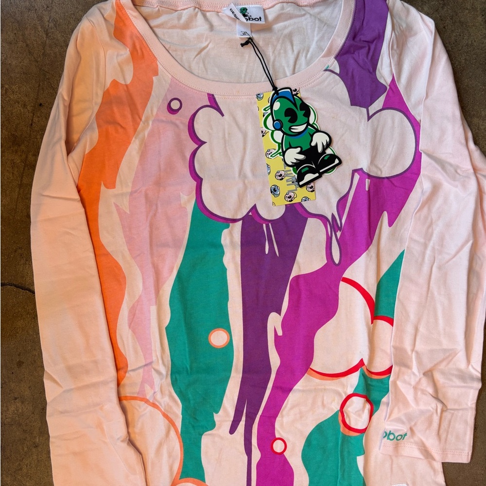Kidrobot by French artist, Tilt pink longsleeve shirt with vibrant bubbly design